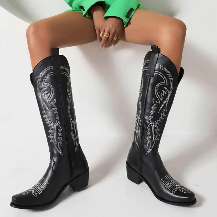 Embroidered Pull-On Chunky Heel Cowgirl Knee High Western Boots