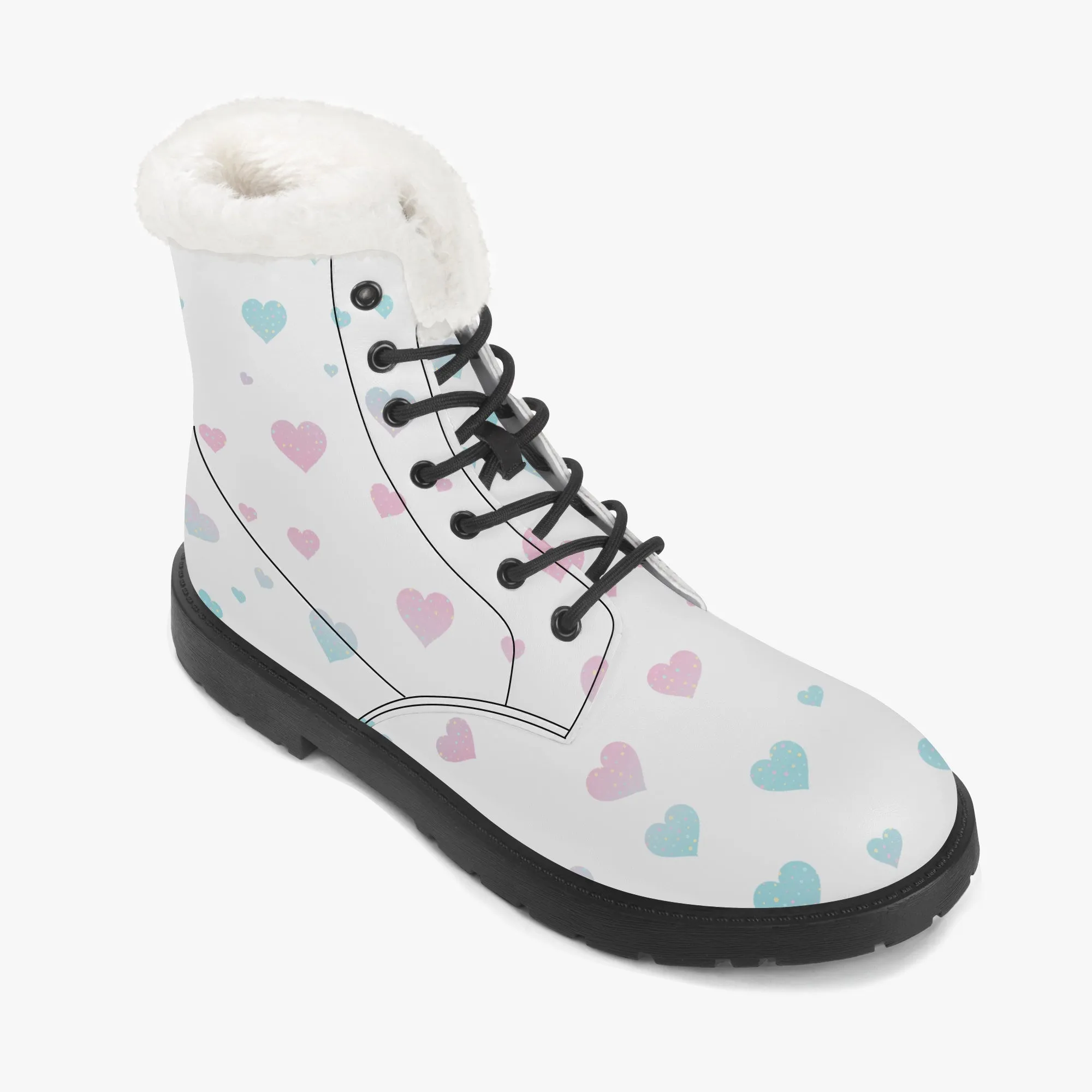 Faux Fur Leather Boots Pink and Blue Hearts
