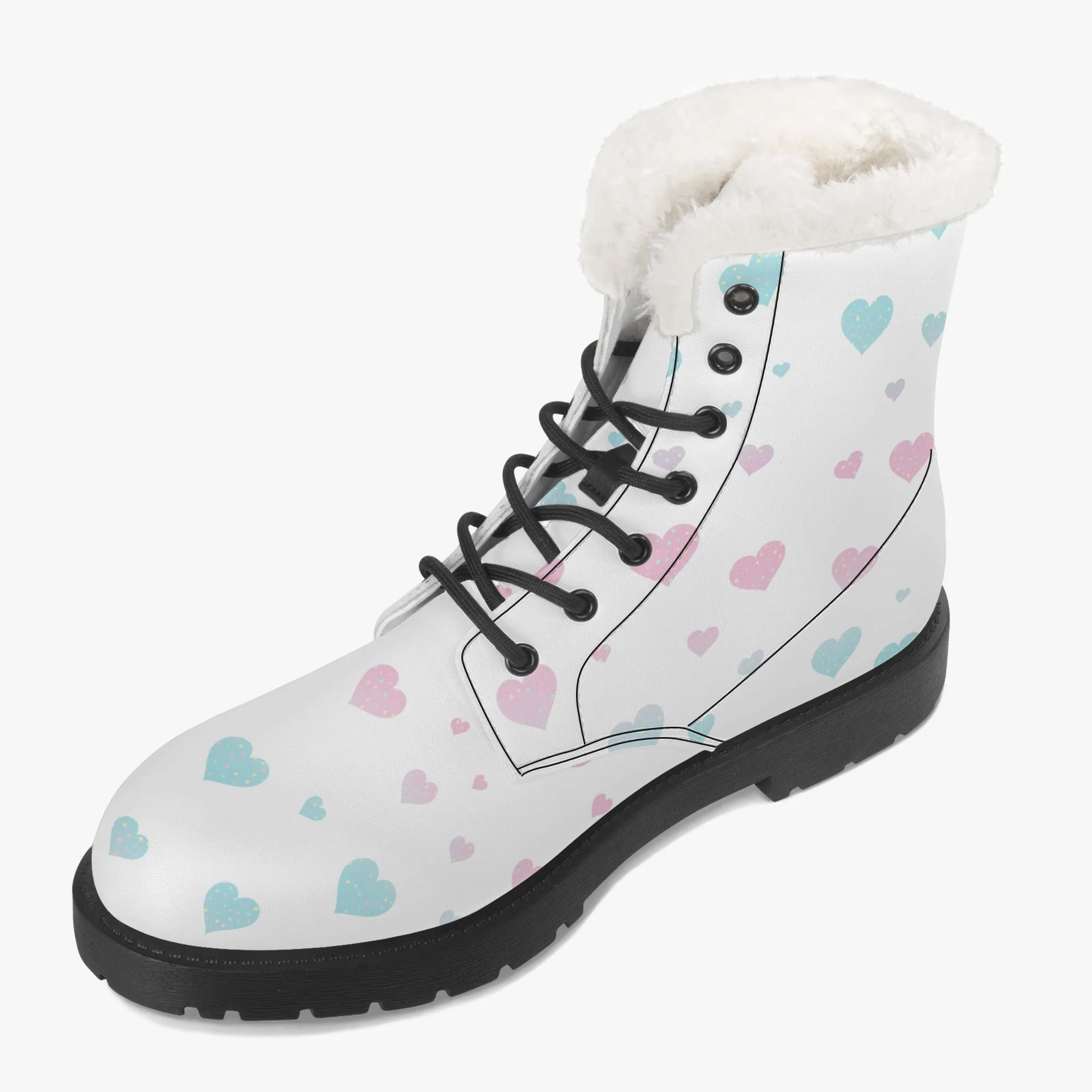 Faux Fur Leather Boots Pink and Blue Hearts
