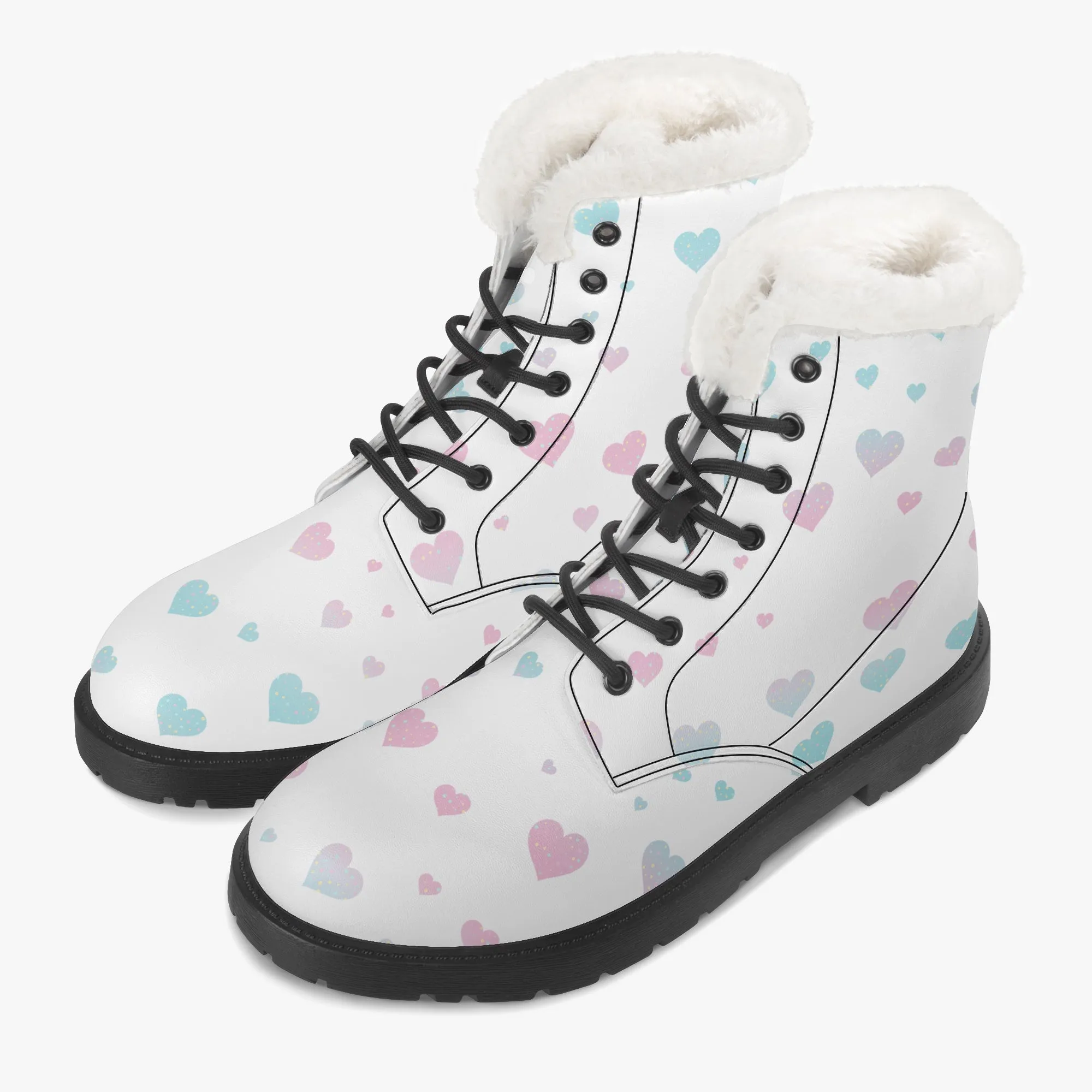 Faux Fur Leather Boots Pink and Blue Hearts