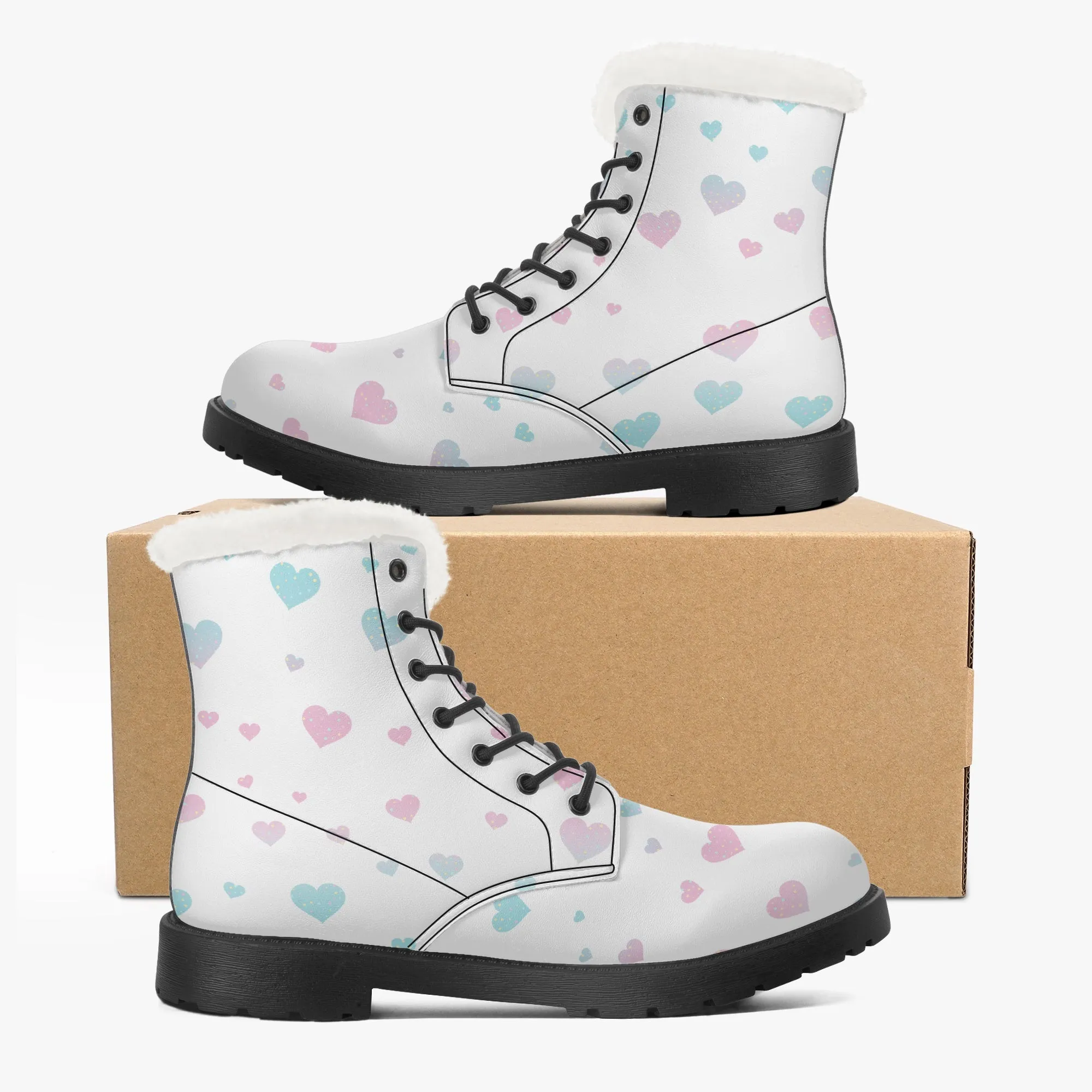 Faux Fur Leather Boots Pink and Blue Hearts