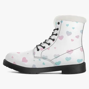 Faux Fur Leather Boots Pink and Blue Hearts
