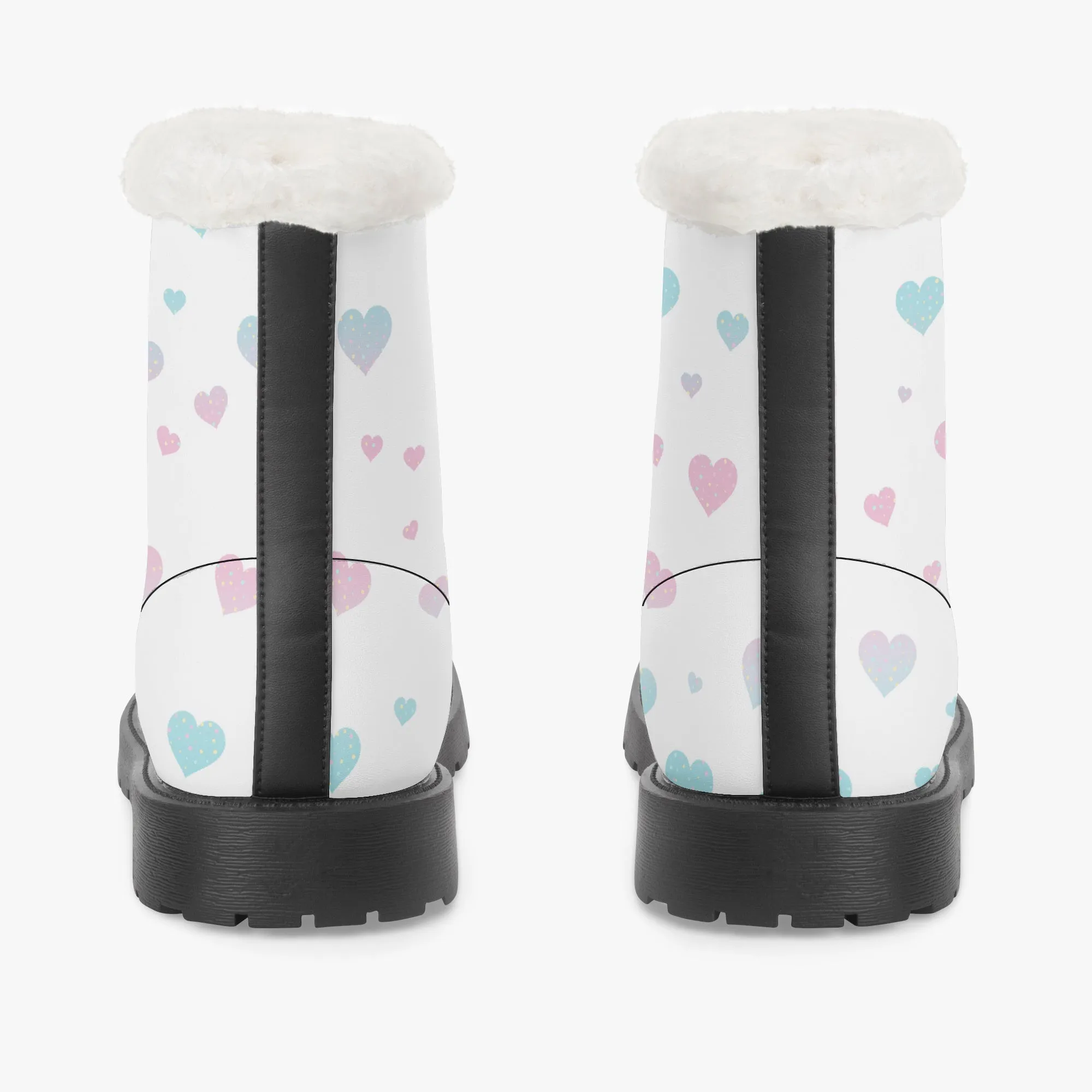 Faux Fur Leather Boots Pink and Blue Hearts