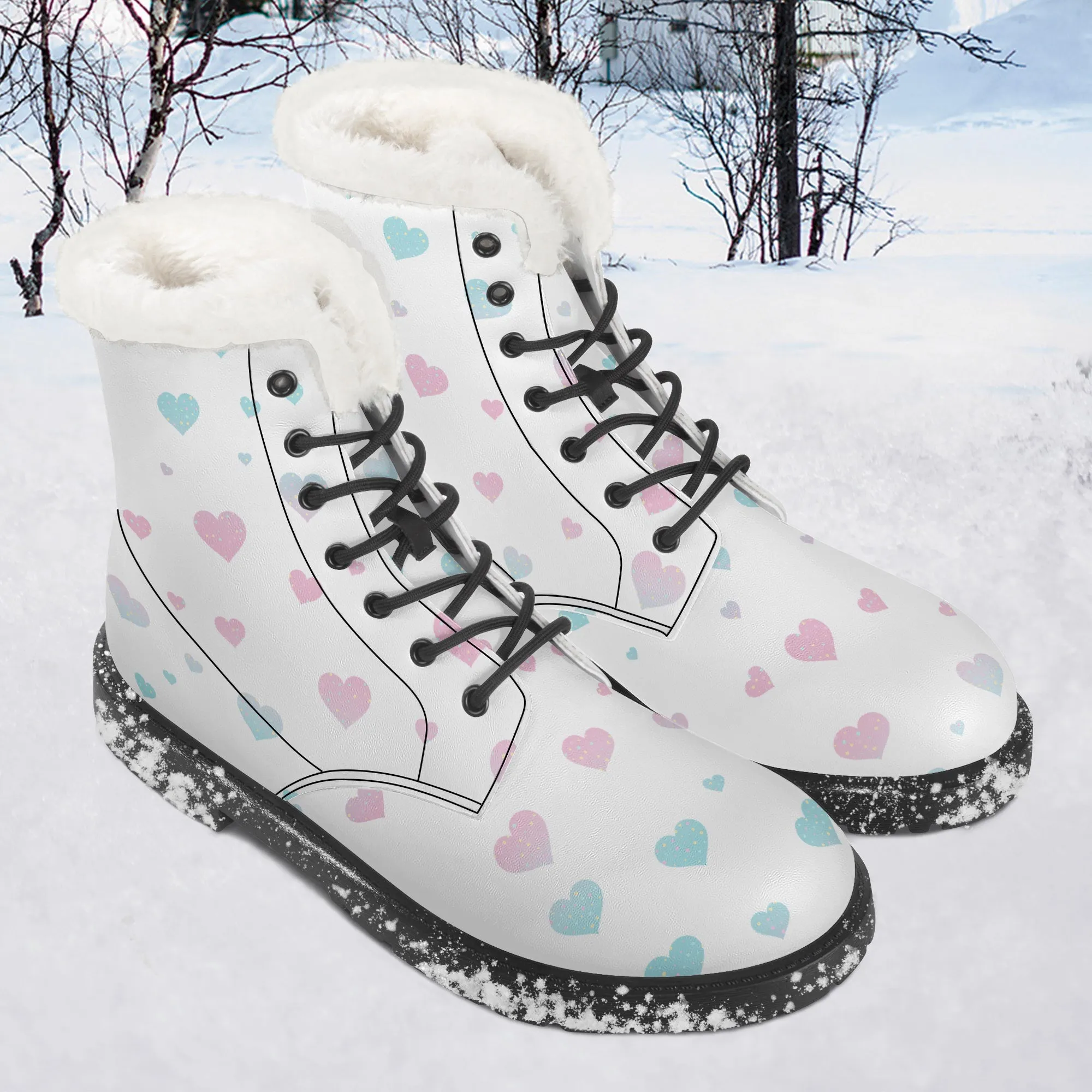 Faux Fur Leather Boots Pink and Blue Hearts