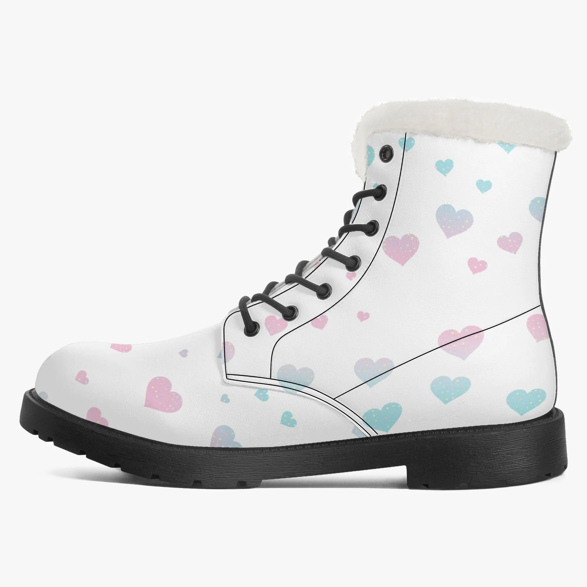 Faux Fur Leather Boots Pink and Blue Hearts