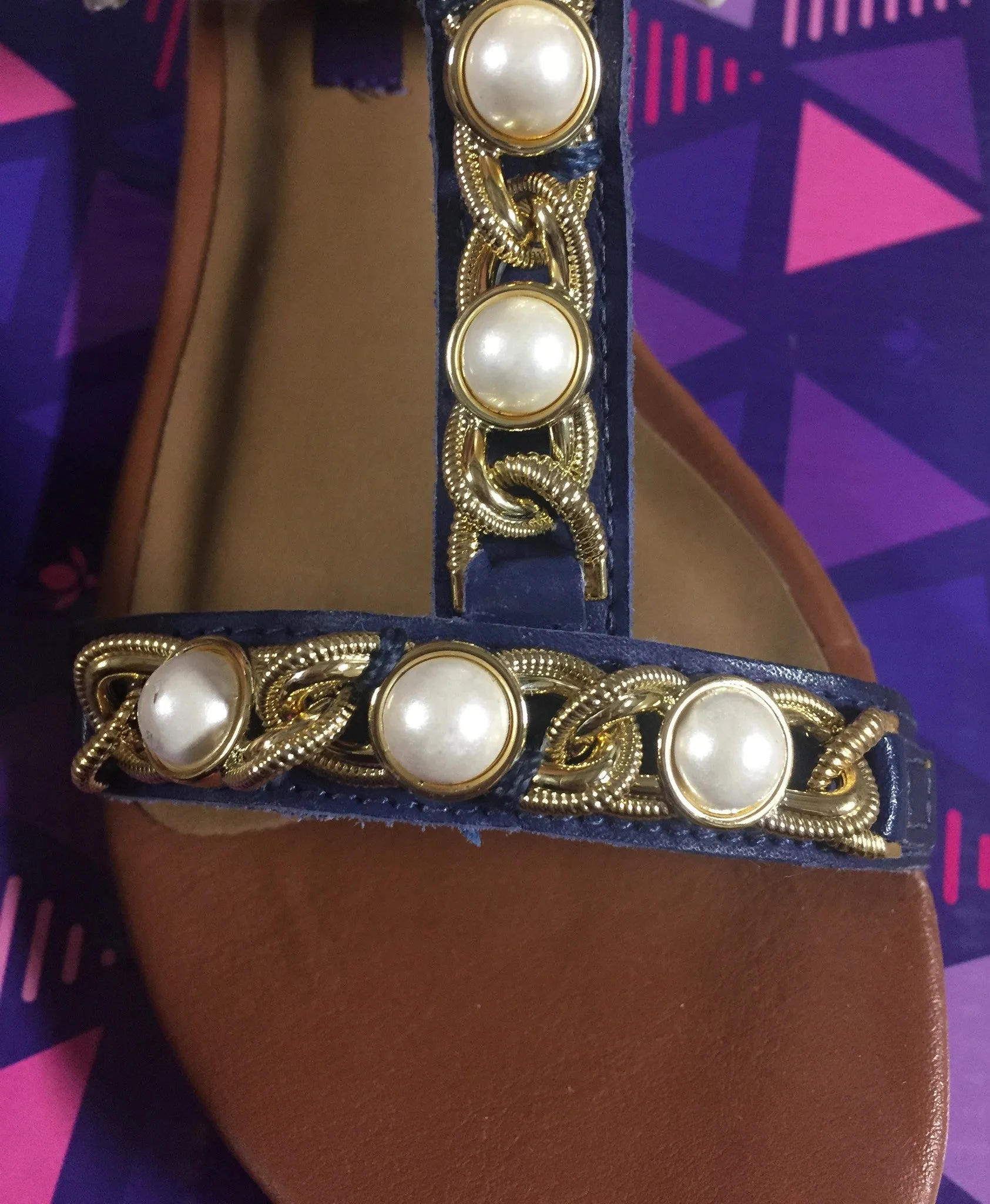 Flat Sandal Navy Gold-tone Embellishments - Cravo e Canela