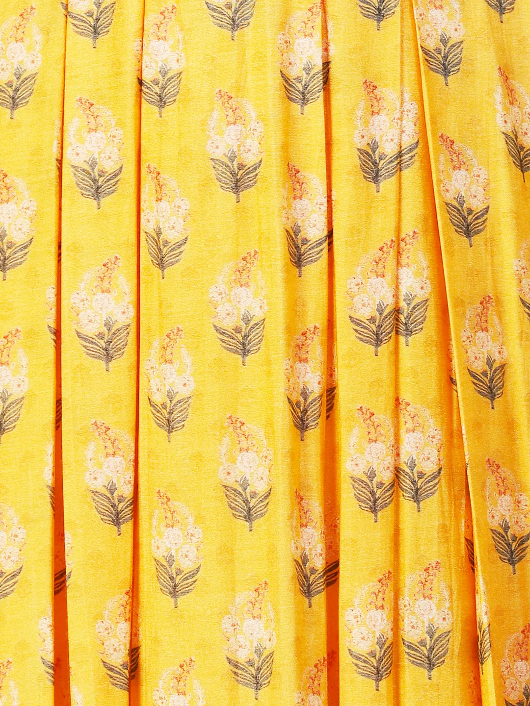 Floral Printed Hand Embroidered Pleated Maxi Dress - Yellow