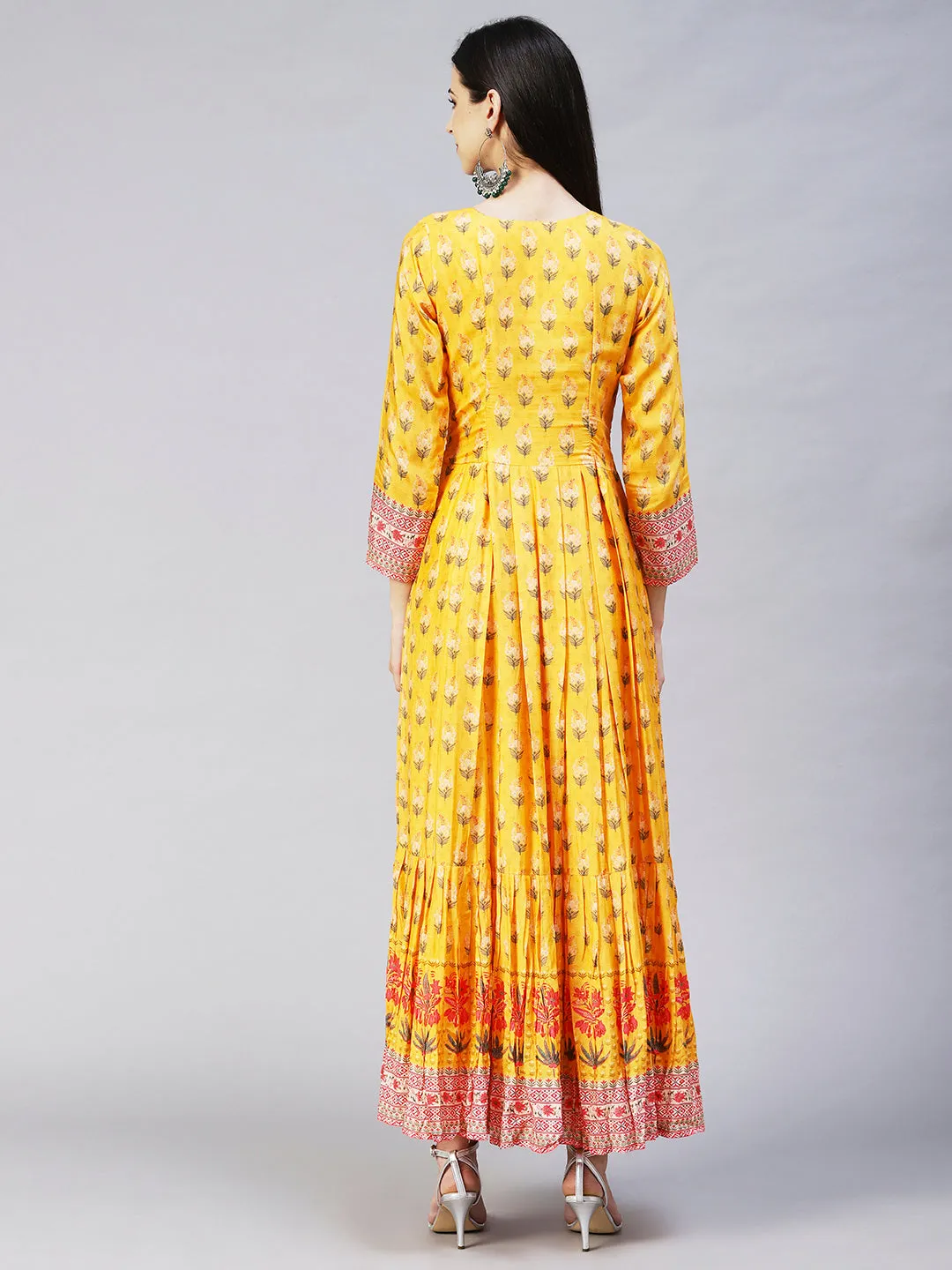 Floral Printed Hand Embroidered Pleated Maxi Dress - Yellow
