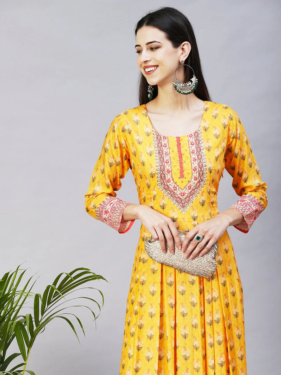 Floral Printed Hand Embroidered Pleated Maxi Dress - Yellow