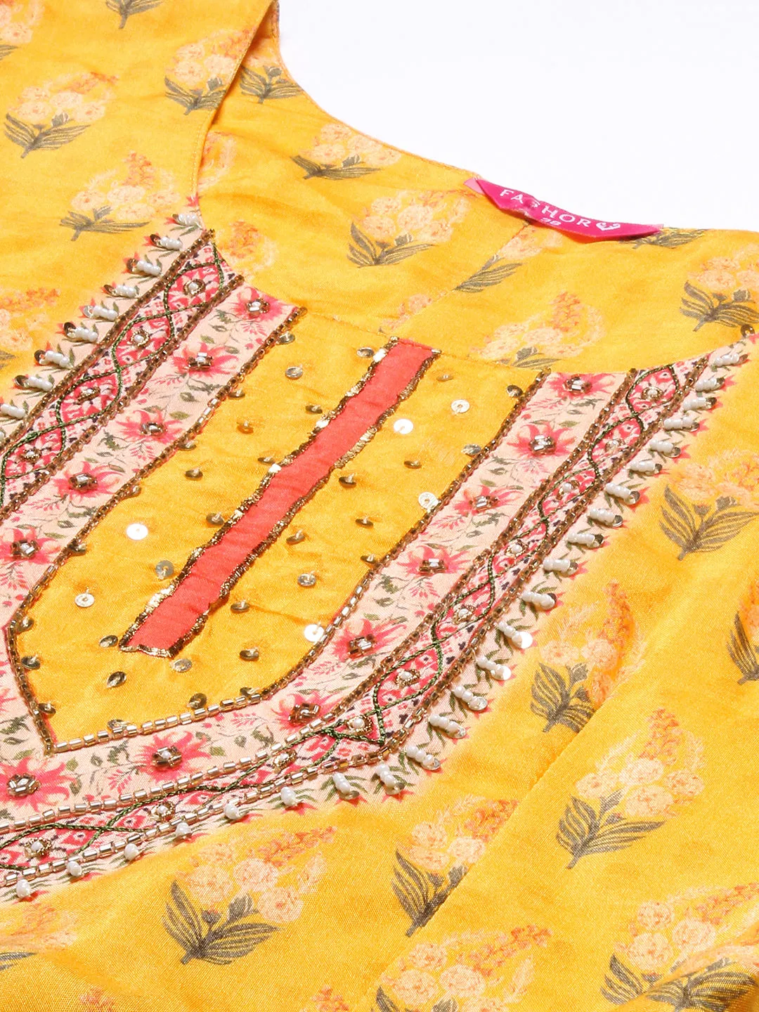 Floral Printed Hand Embroidered Pleated Maxi Dress - Yellow