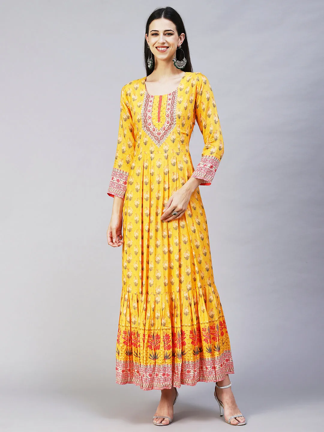 Floral Printed Hand Embroidered Pleated Maxi Dress - Yellow