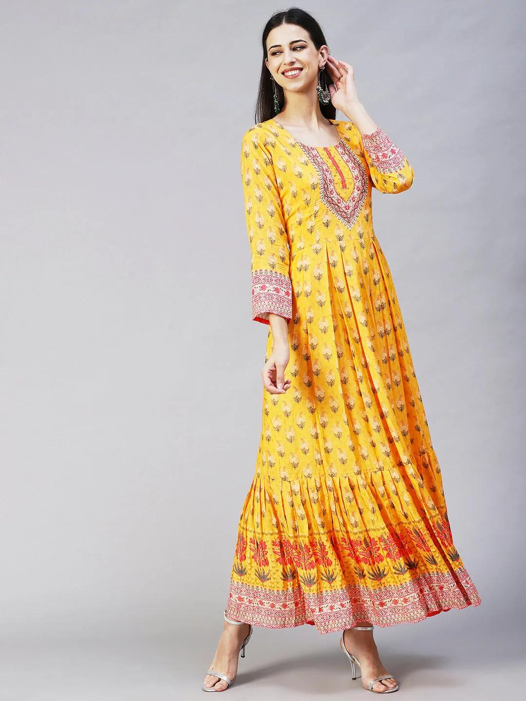 Floral Printed Hand Embroidered Pleated Maxi Dress - Yellow