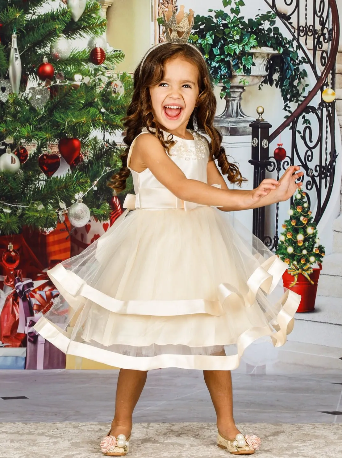 Girls Elegant Pearl Embellished Two Tier Dress