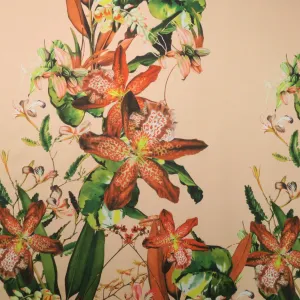 Green Floral on Peach Background Printed Polyester Mikado Fabric