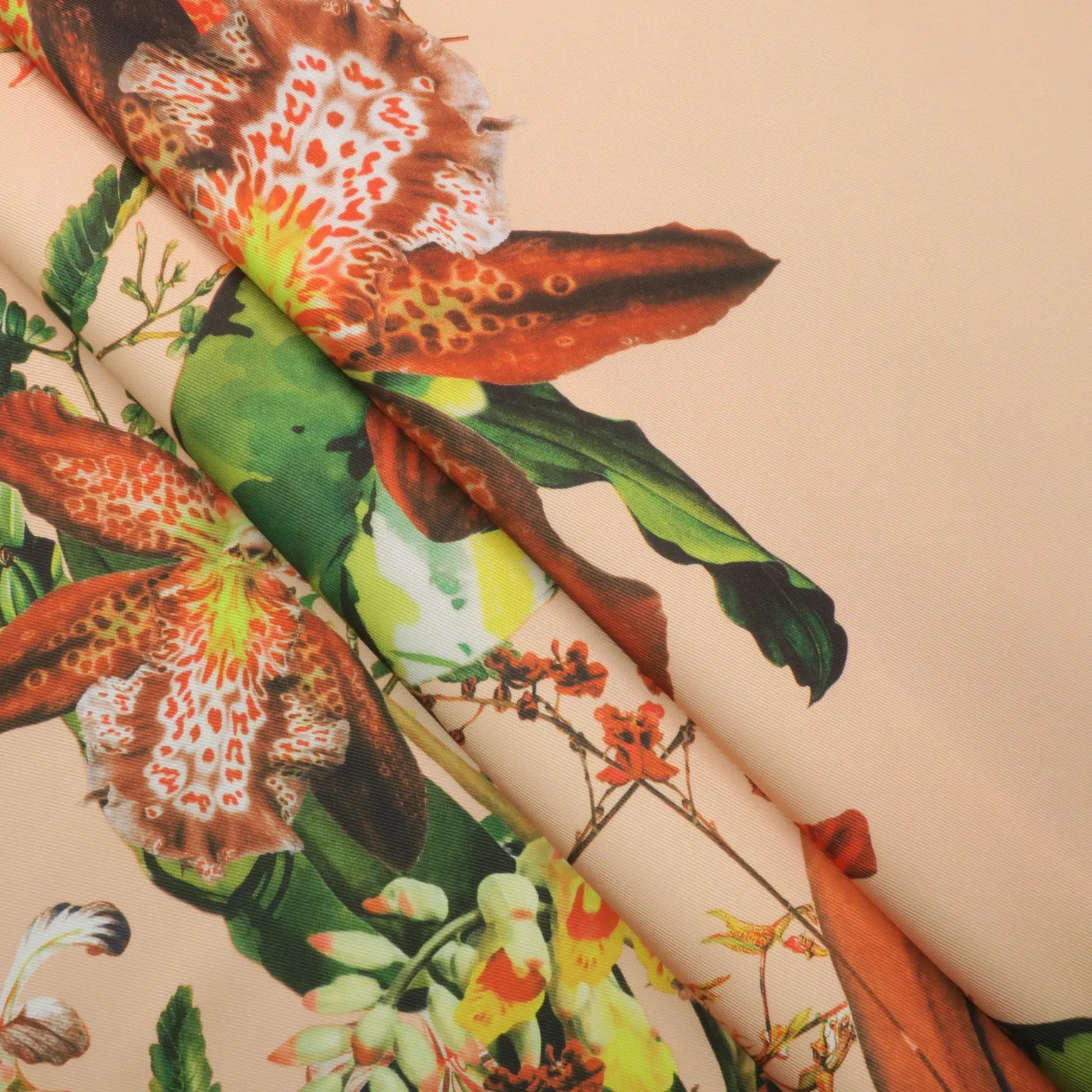 Green Floral on Peach Background Printed Polyester Mikado Fabric