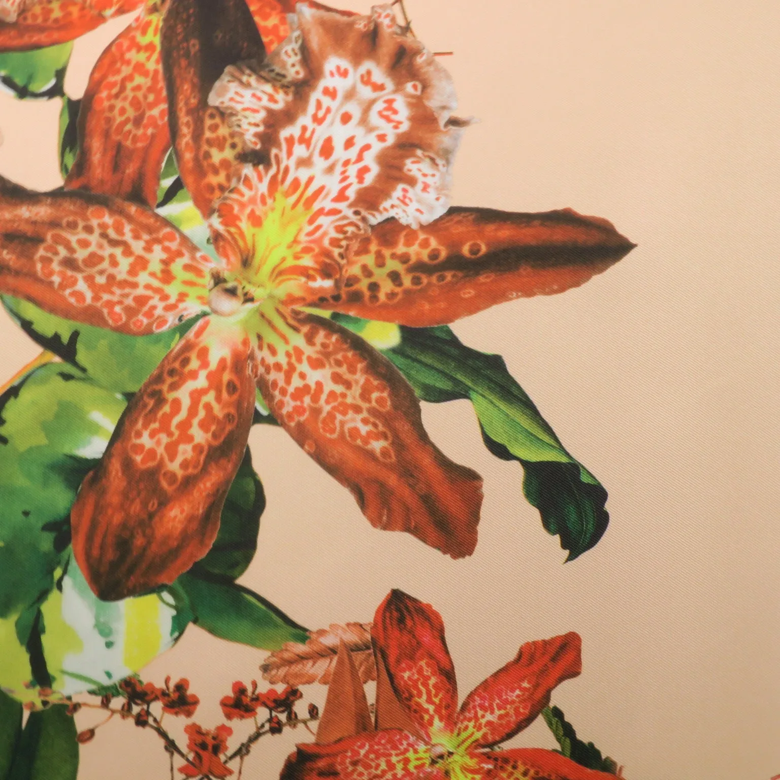 Green Floral on Peach Background Printed Polyester Mikado Fabric