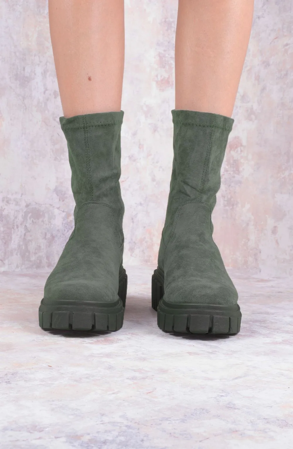 Khaki Green Faux Suede Ankle Sock Boot