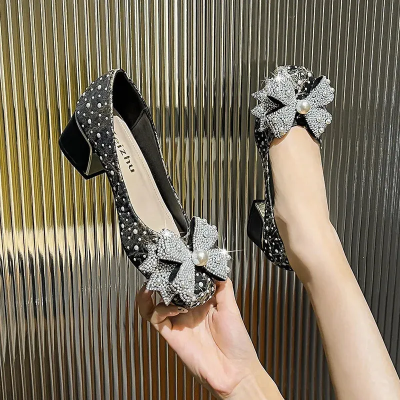 Luxury Bling Bow Low Square Heel Shoes