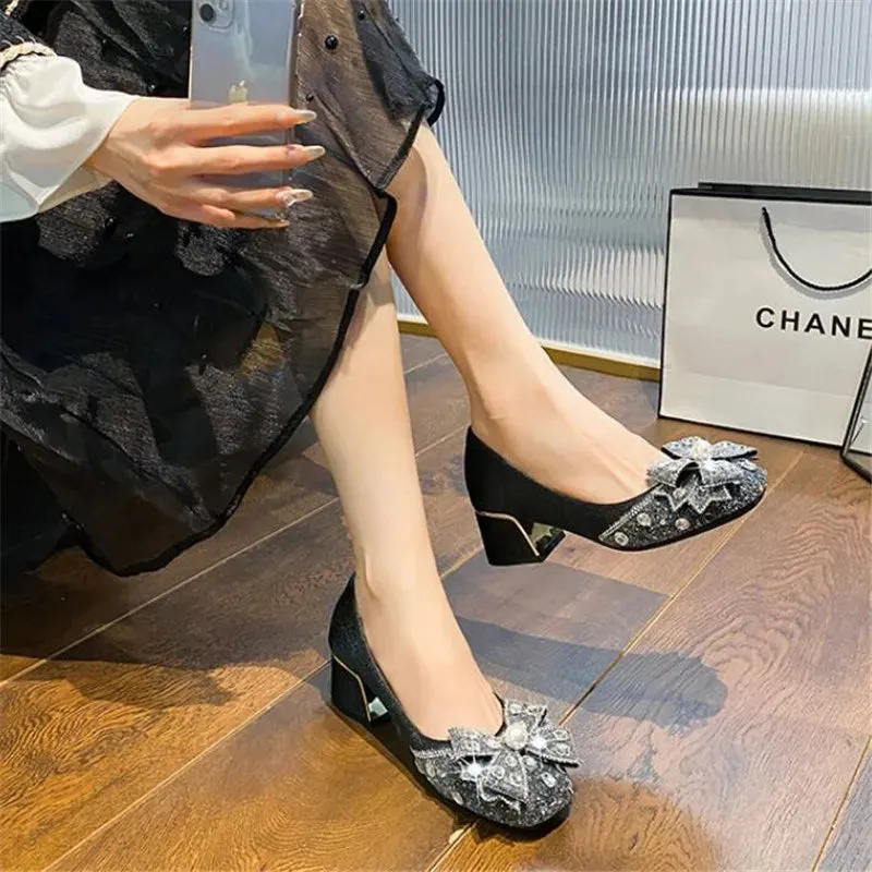 Luxury Bling Bow Low Square Heel Shoes