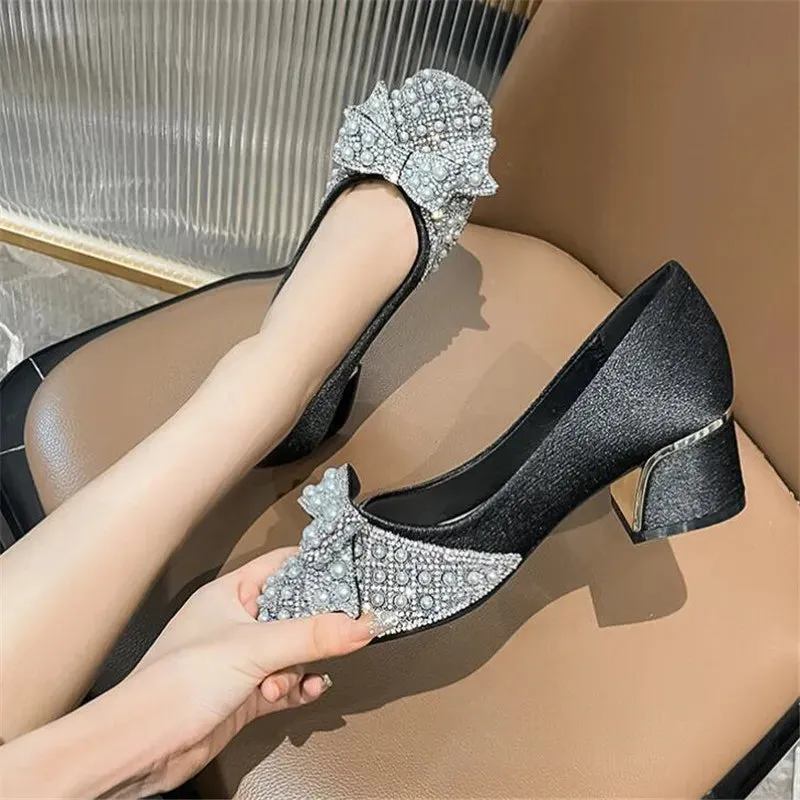 Luxury Bling Bow Low Square Heel Shoes