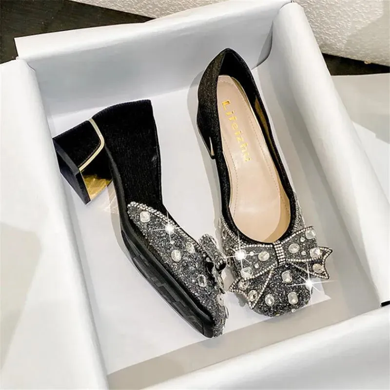 Luxury Bling Bow Low Square Heel Shoes