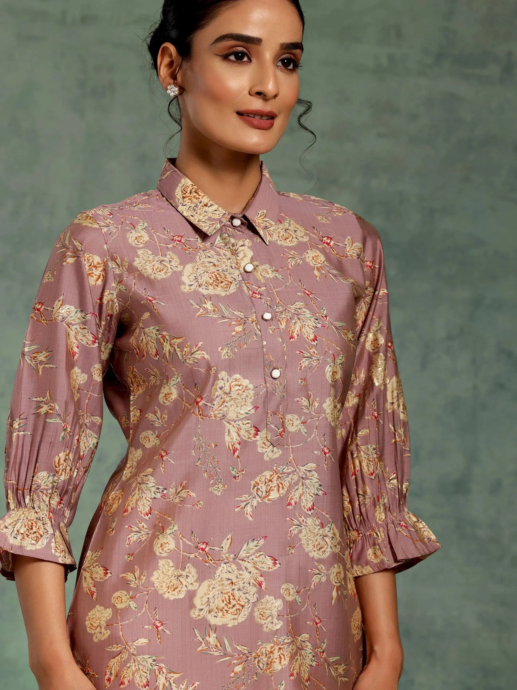 Mauve Printed Silk Blend Straight Kurti