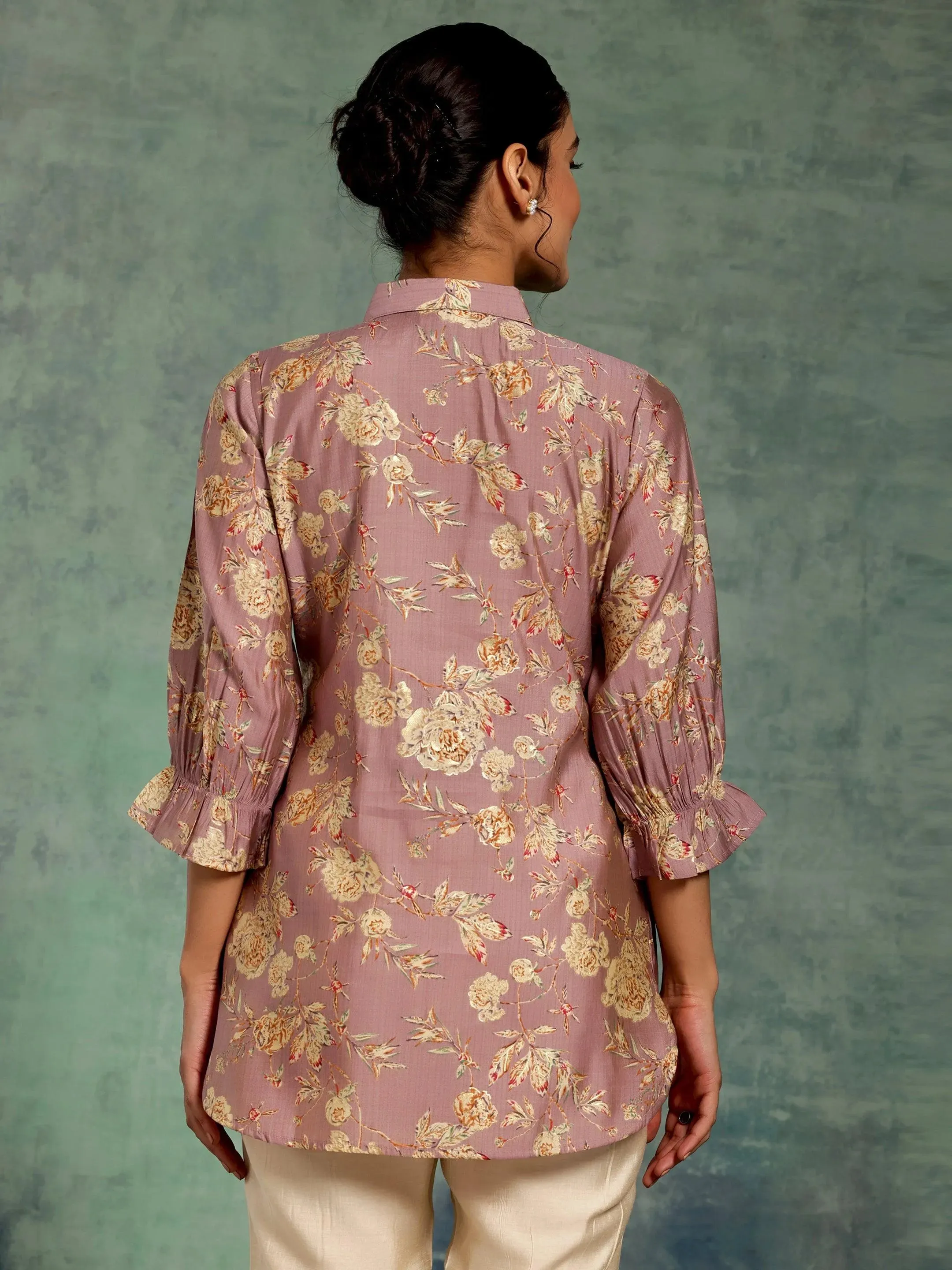 Mauve Printed Silk Blend Straight Kurti
