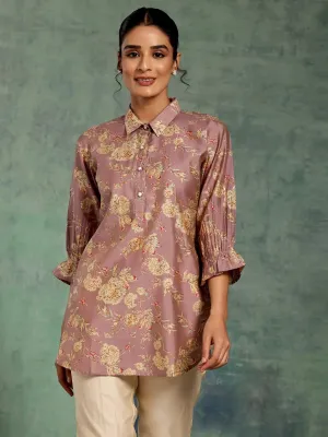 Mauve Printed Silk Blend Straight Kurti
