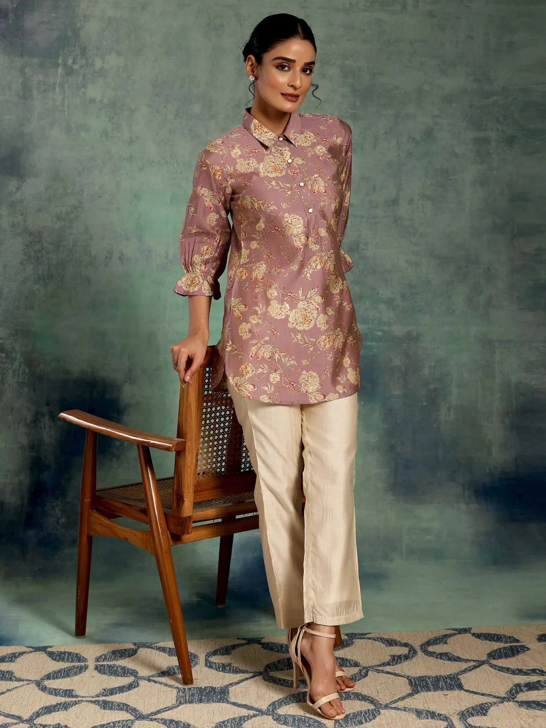 Mauve Printed Silk Blend Straight Kurti