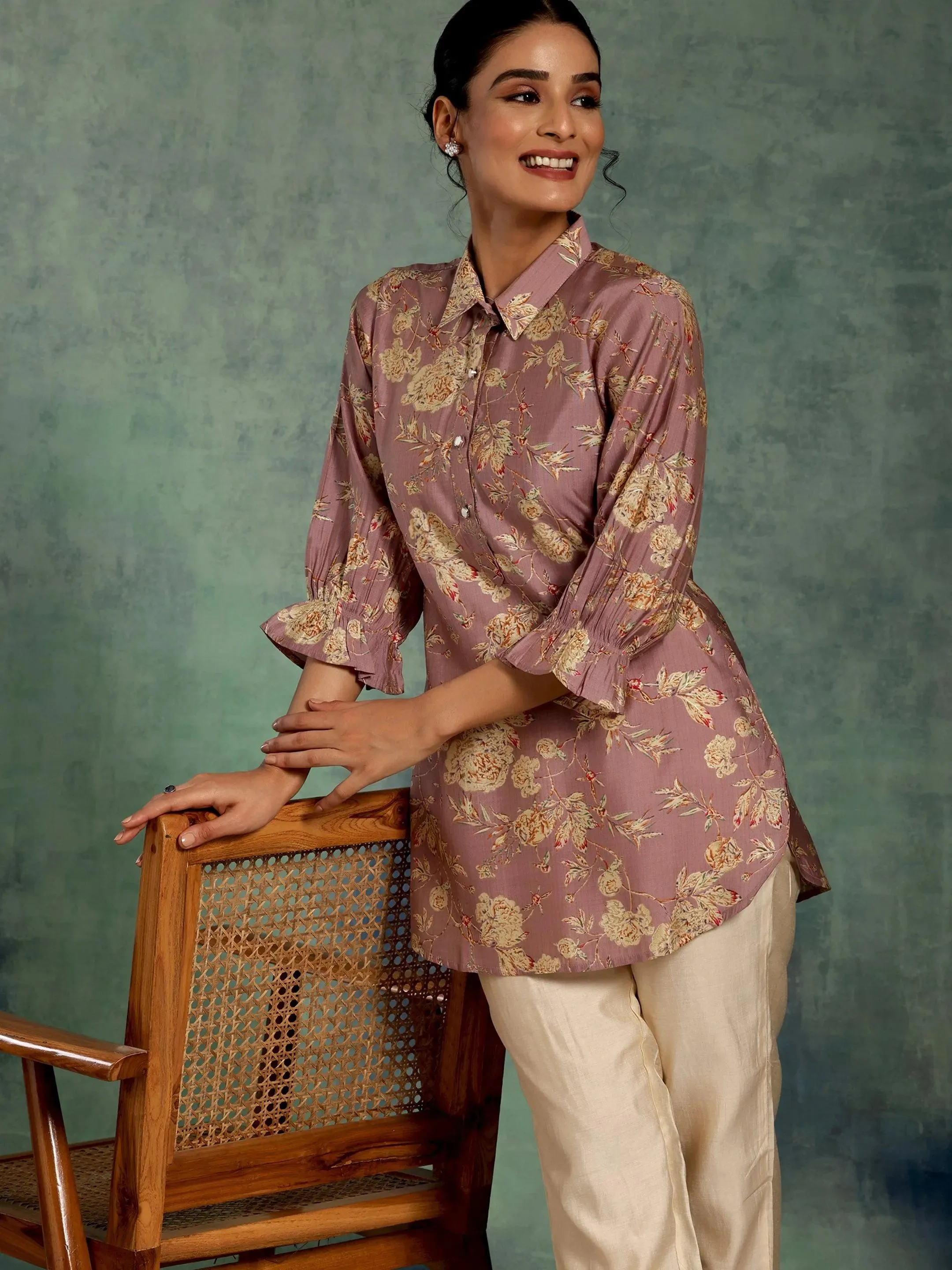 Mauve Printed Silk Blend Straight Kurti