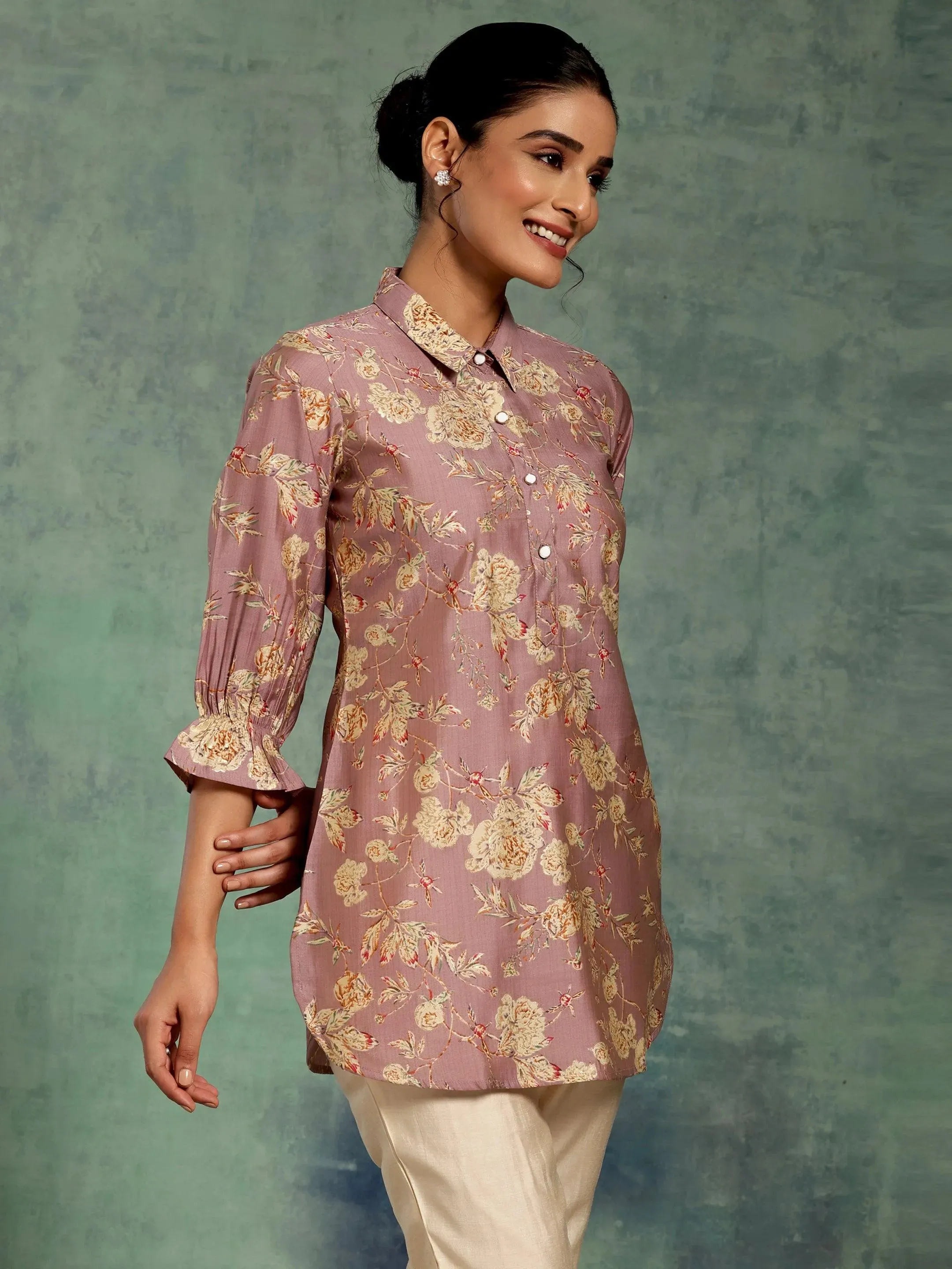 Mauve Printed Silk Blend Straight Kurti