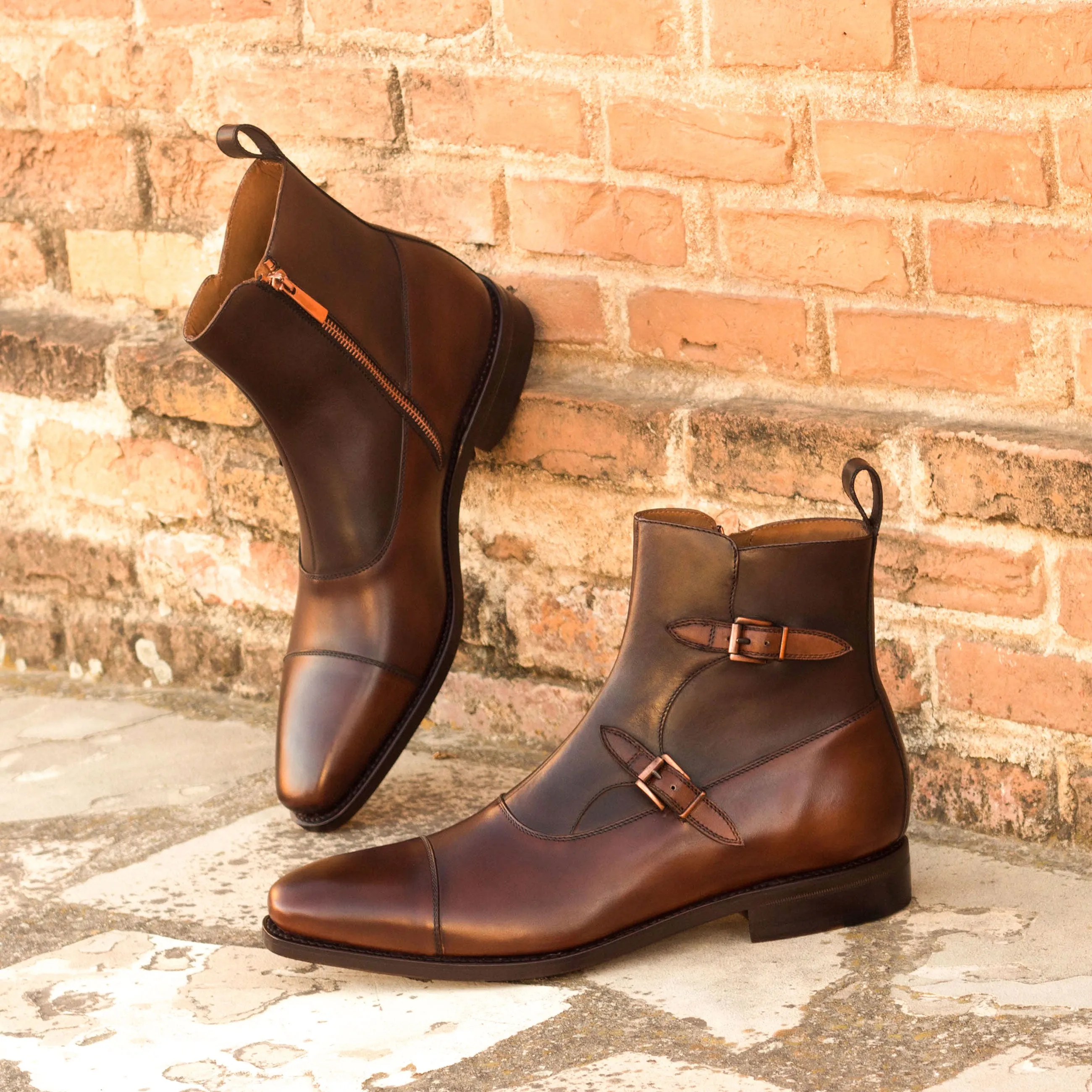Medium & Dark Brown Painted Calf Double-Monk Boots
