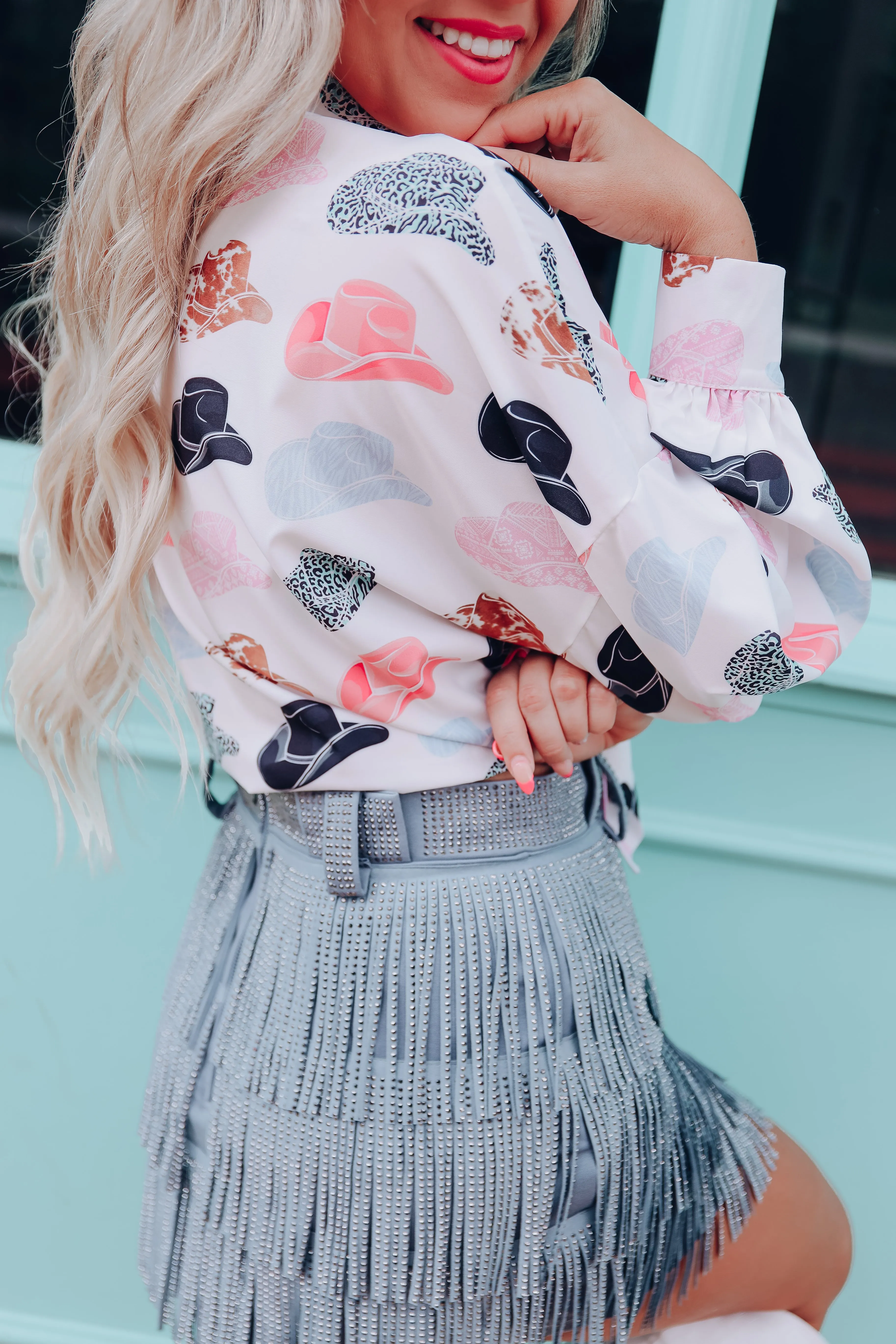 Memphis Cowboy Hat Printed Blouse - White
