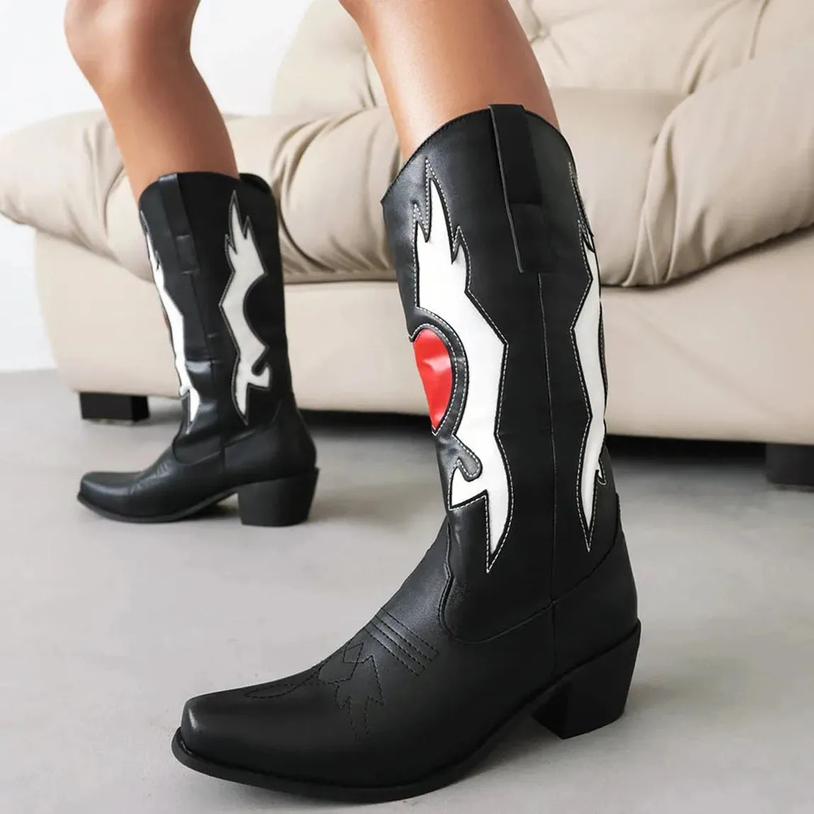 Merendy Chocolate Retro Slip-on embroidered western boots for women