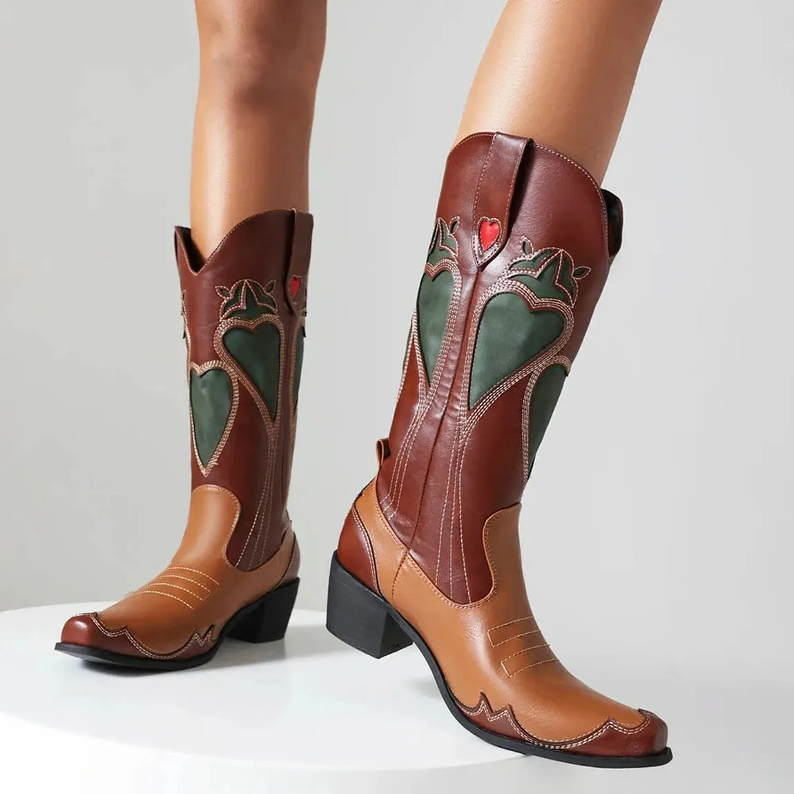 Merendy Chocolate Retro Slip-on embroidered western boots for women