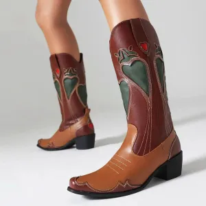 Merendy Chocolate Retro Slip-on embroidered western boots for women