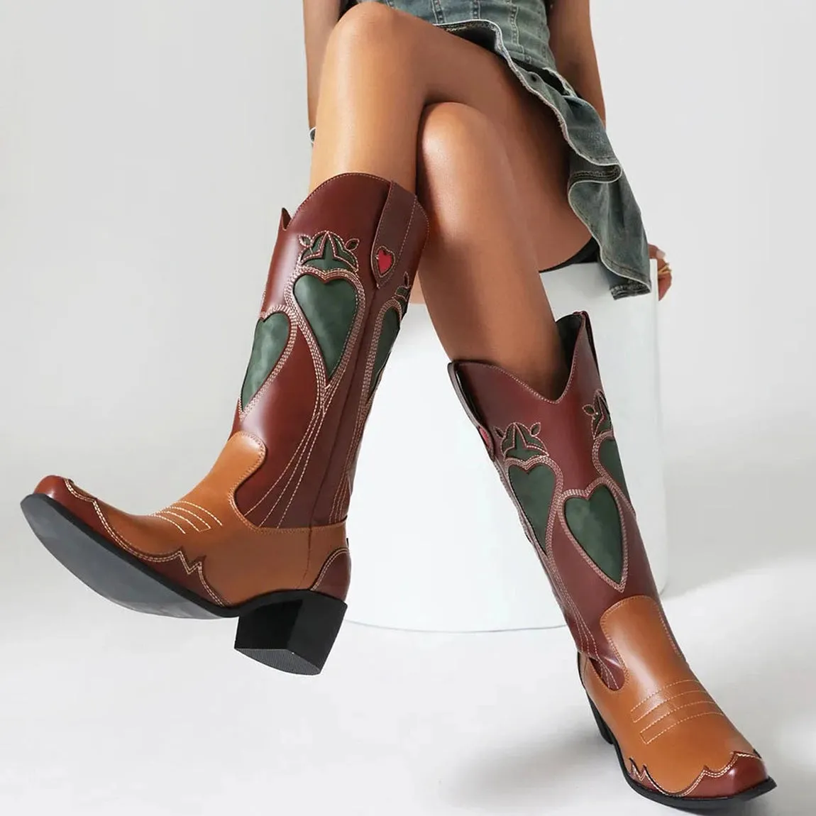Merendy Chocolate Retro Slip-on embroidered western boots for women