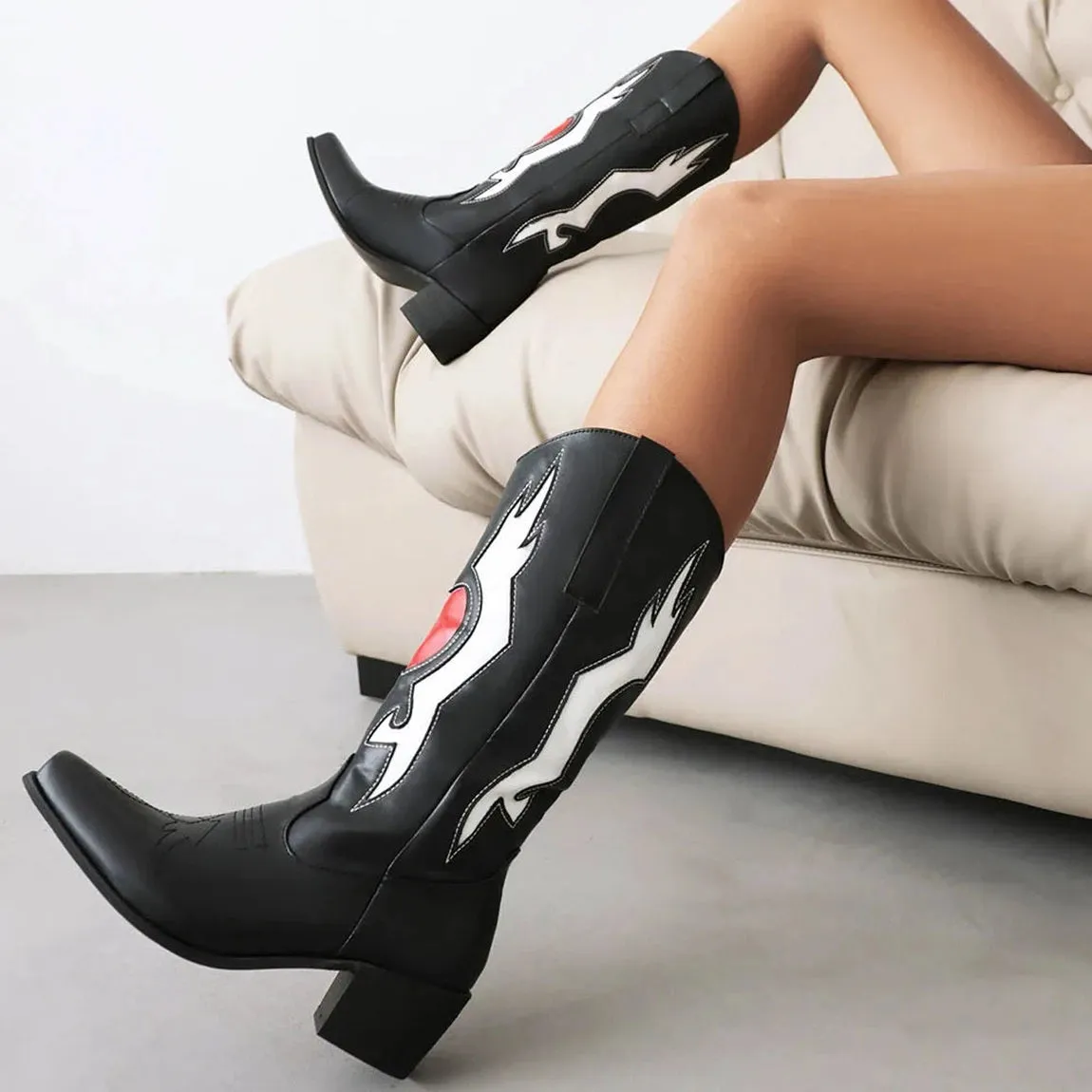 Merendy Chocolate Retro Slip-on embroidered western boots for women