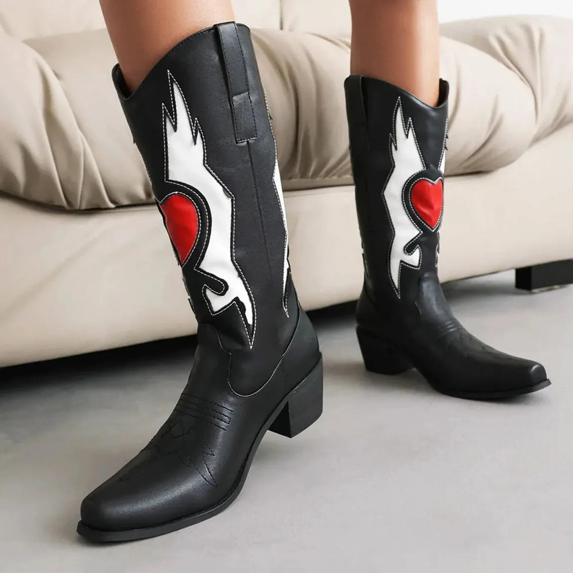 Merendy Chocolate Retro Slip-on embroidered western boots for women