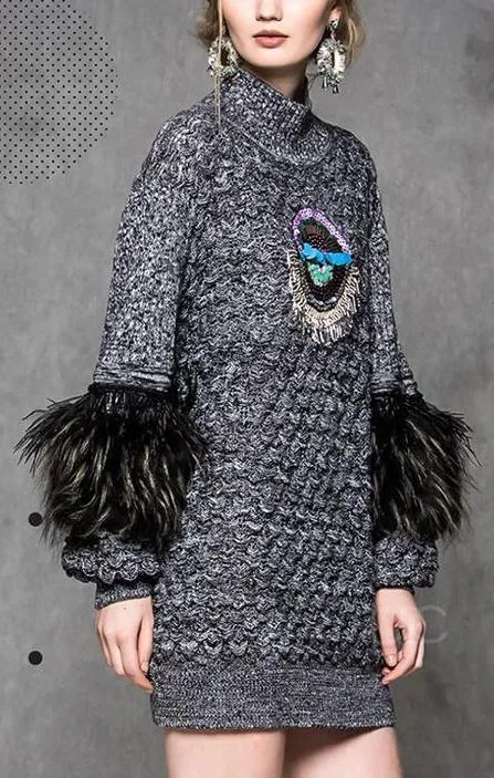 Ostrich Feather Sequin Embellished Knit Sweater