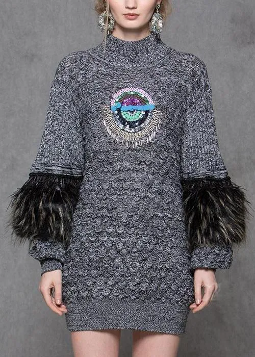 Ostrich Feather Sequin Embellished Knit Sweater