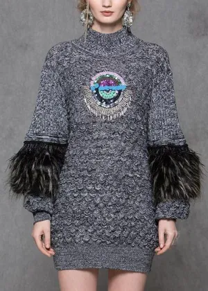 Ostrich Feather Sequin Embellished Knit Sweater