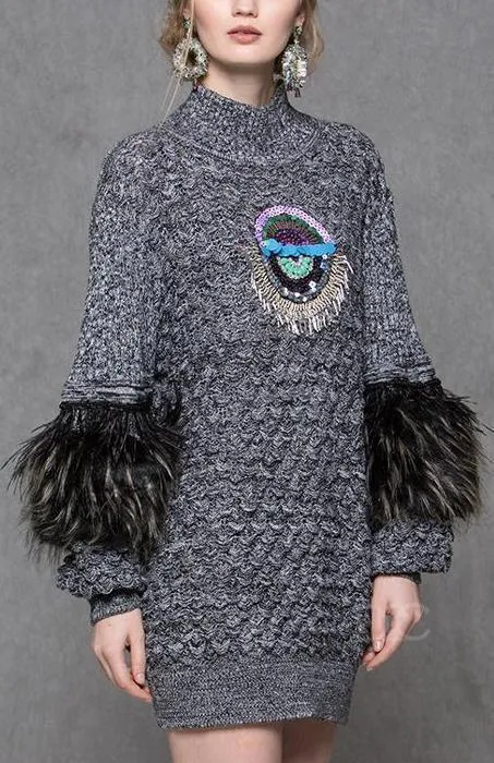 Ostrich Feather Sequin Embellished Knit Sweater