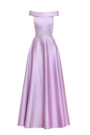 PEARL EMBELLISHED OFF-THE- SHOULDER BALLGOWN