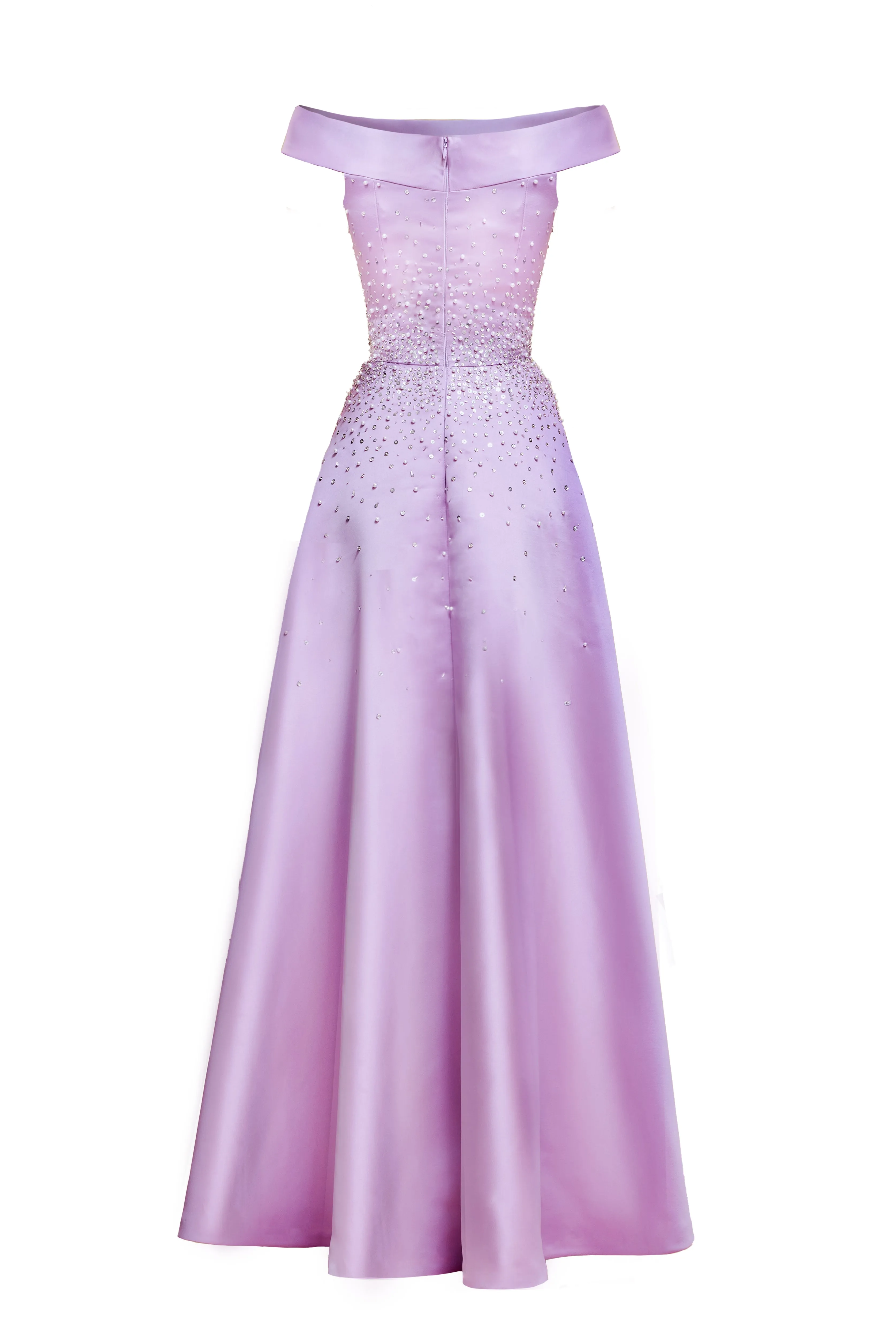 PEARL EMBELLISHED OFF-THE- SHOULDER BALLGOWN