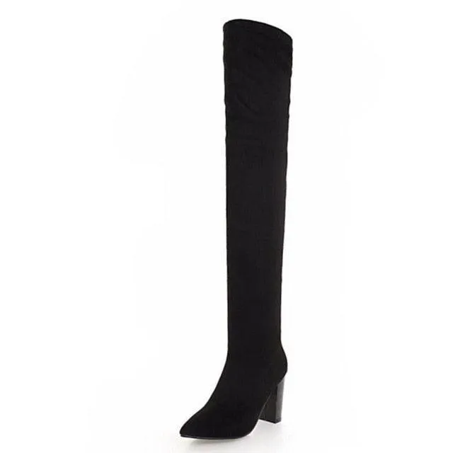 Pointed Toe Slip On Thigh High Heels Knee High Boot