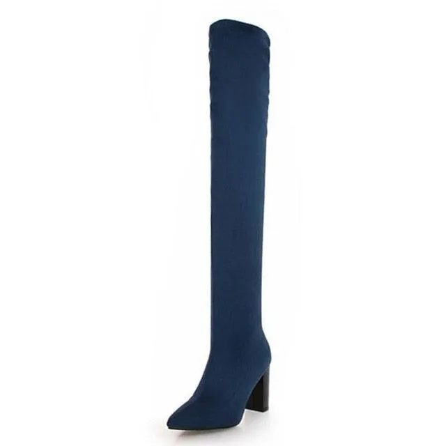 Pointed Toe Slip On Thigh High Heels Knee High Boot