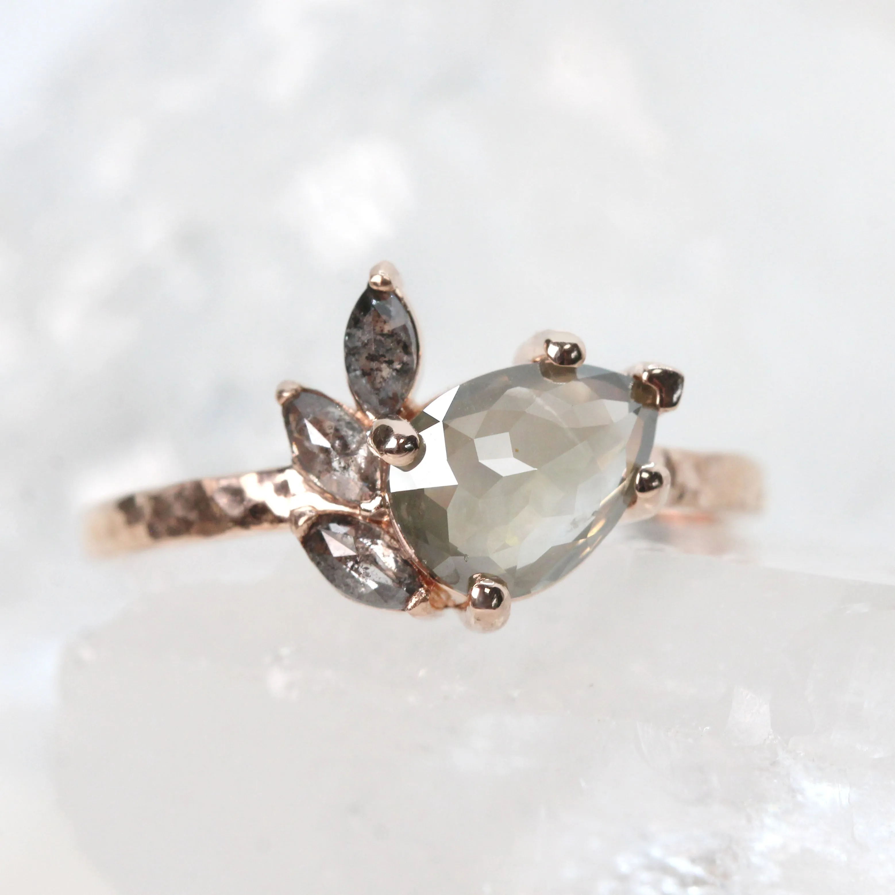 Project: Custom Alyssa Ring with a 1  Carat Misty Gray Pear Salt and Pepper Diamond and Black Accent Diamonds in 14k
