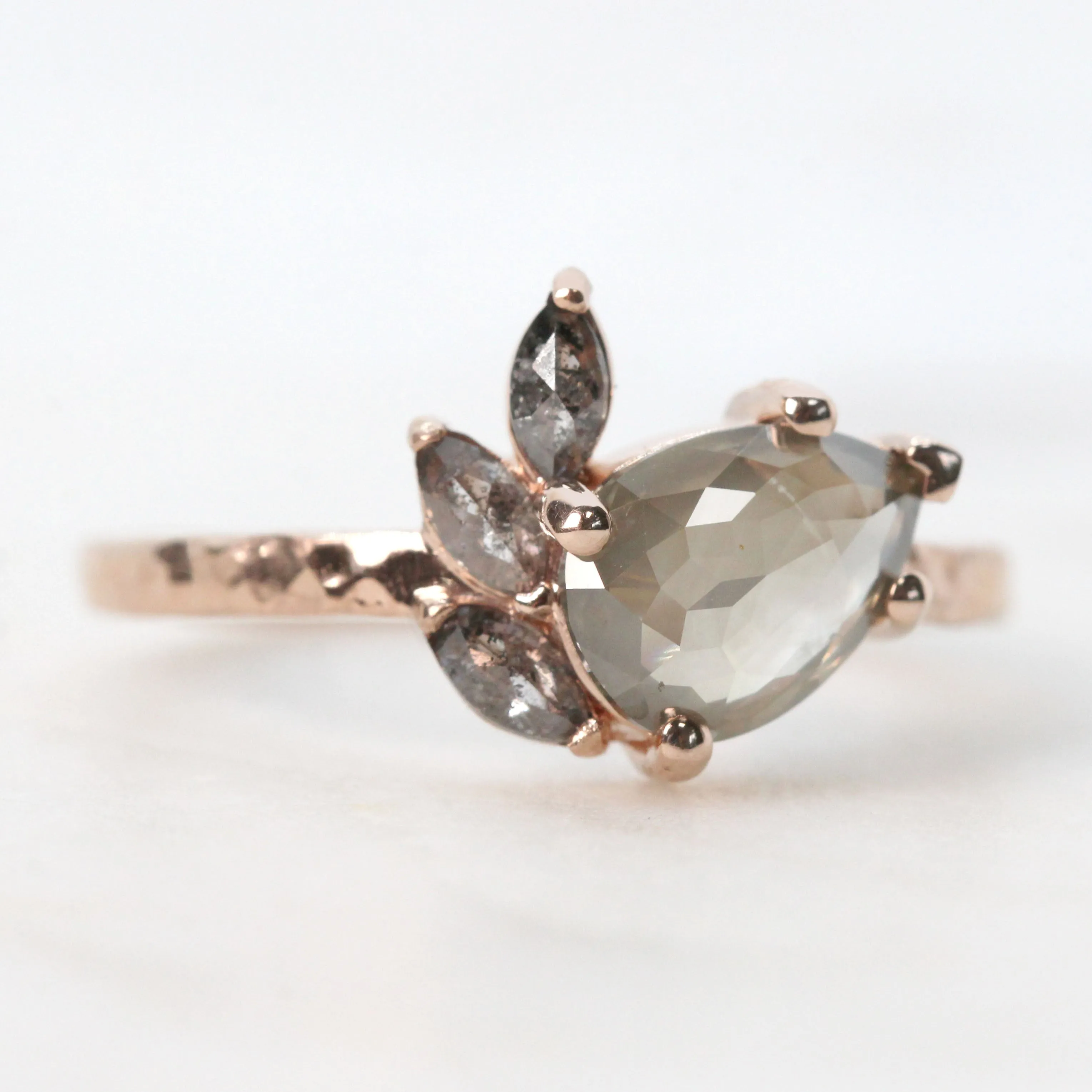 Project: Custom Alyssa Ring with a 1  Carat Misty Gray Pear Salt and Pepper Diamond and Black Accent Diamonds in 14k