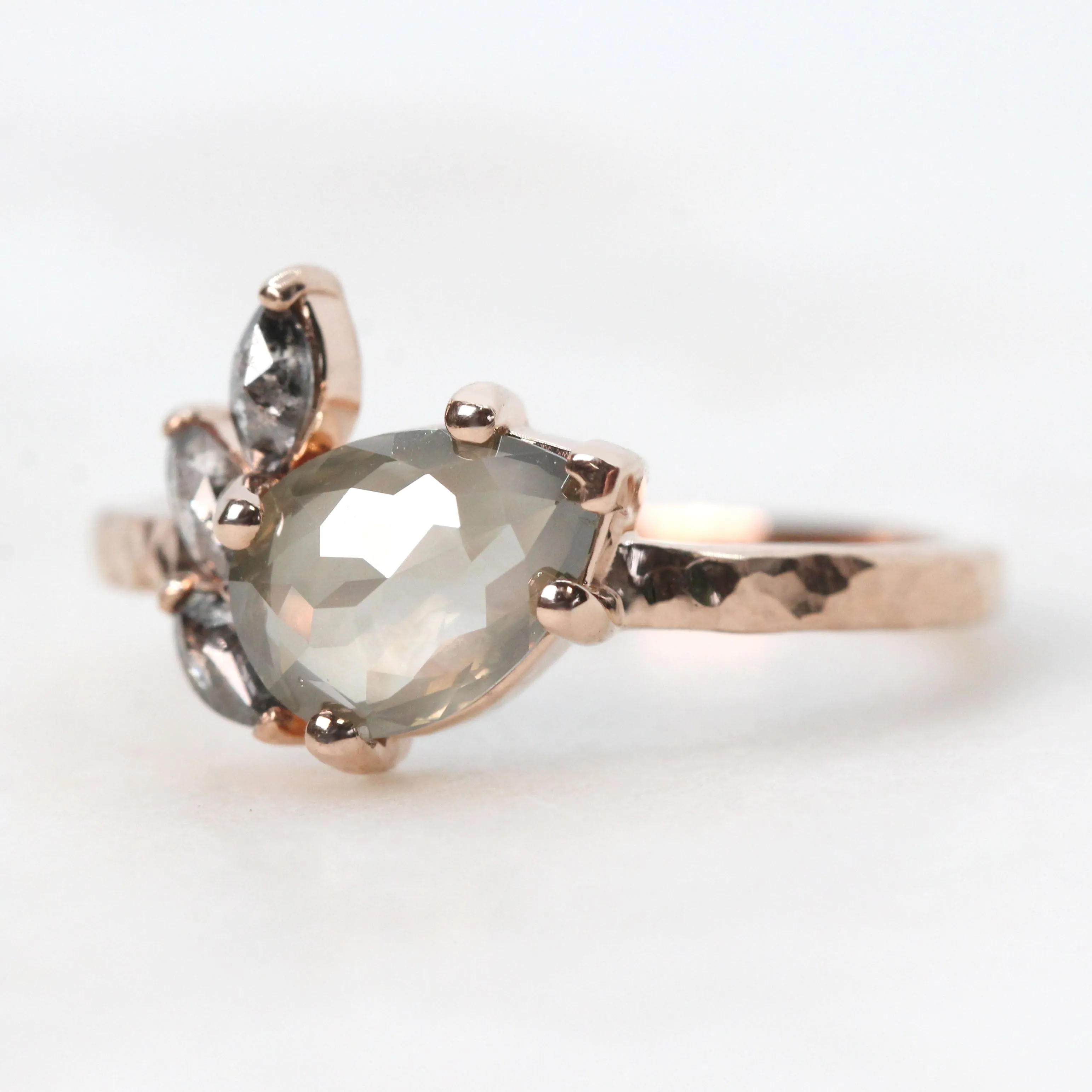 Project: Custom Alyssa Ring with a 1  Carat Misty Gray Pear Salt and Pepper Diamond and Black Accent Diamonds in 14k